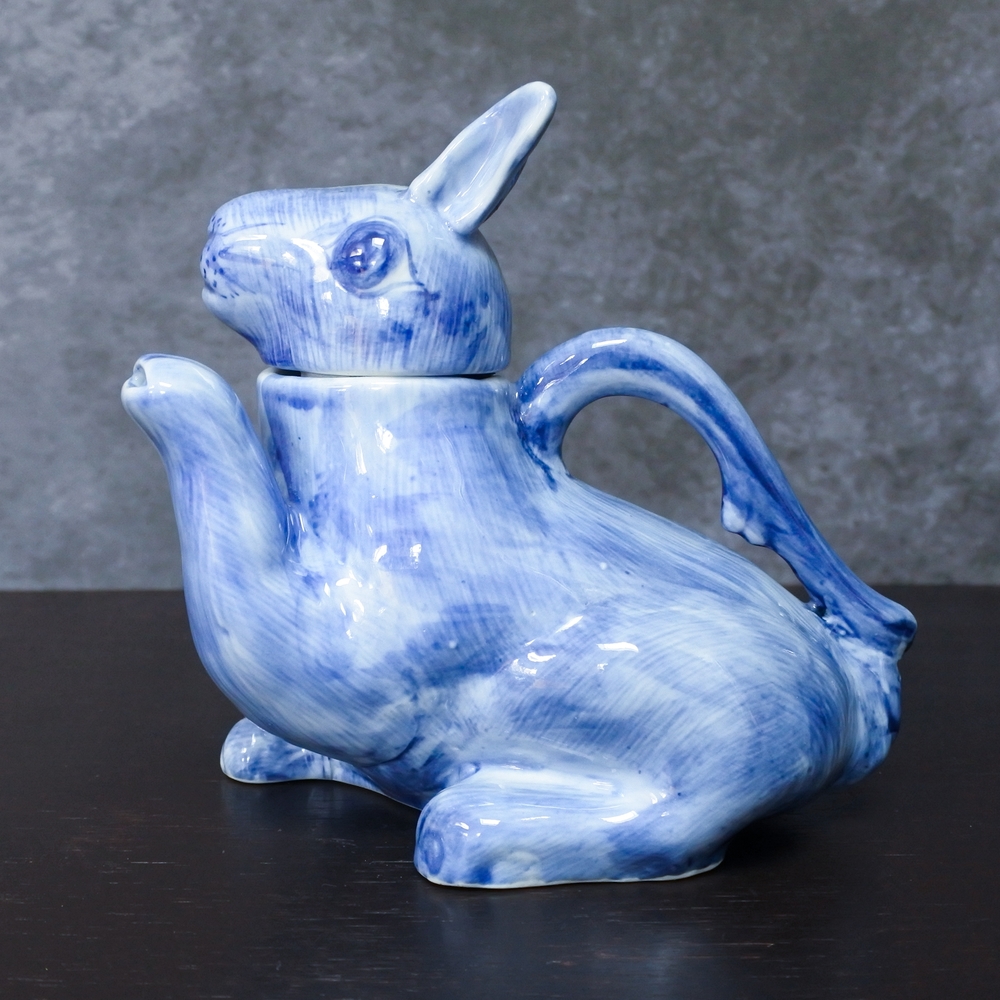 Vintage Chinese Rabbit Porcelain Blue Handmade Novelty Teapot